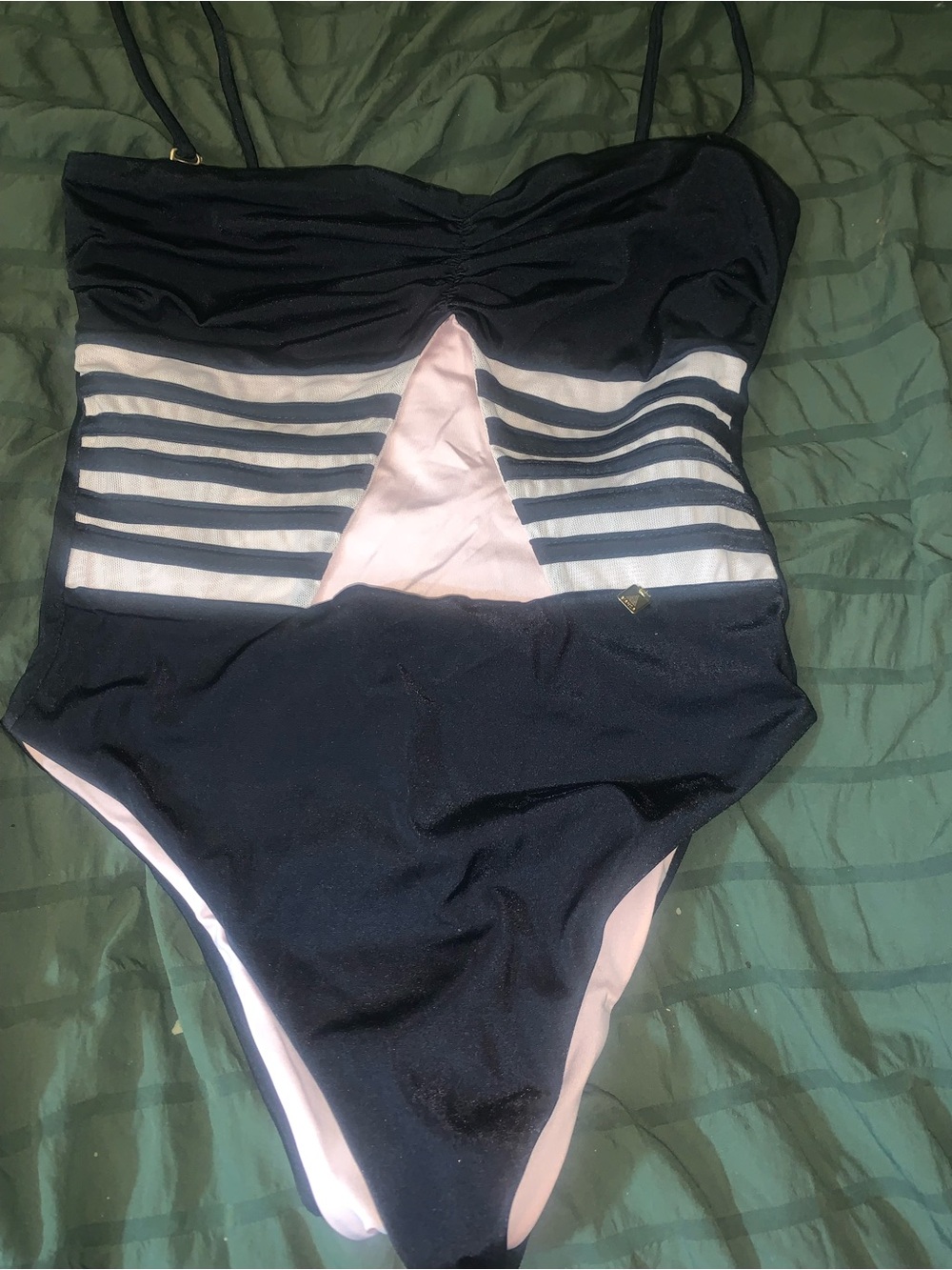 Women’s Black and Light Pink One-Piece Swimsuit with Mesh Insets